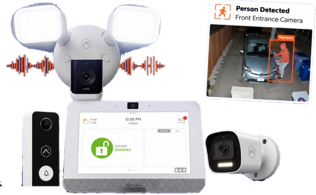 Brinks Home floodlight camera, video doorbell, IQ Panel 4 touchscreen, outdoor camera and a person-detected alert